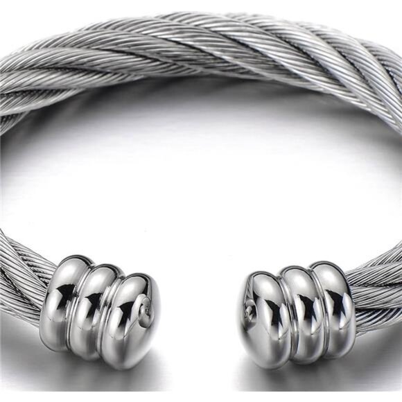COOLSTEELANDBEYOND Large Elastic Adjustable Steel Twisted Wire Cuff Bangle - Picture 2 of 7